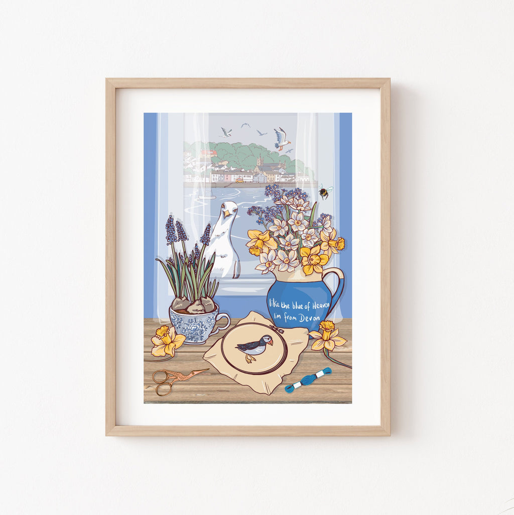 Devon Blue Jug Spring Flowers Wall Art Print, Coastal Seagull Illustration