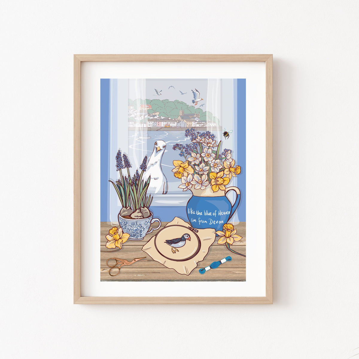 Devon Blue Jug Spring Flowers Wall Art Print, Coastal Seagull Illustration