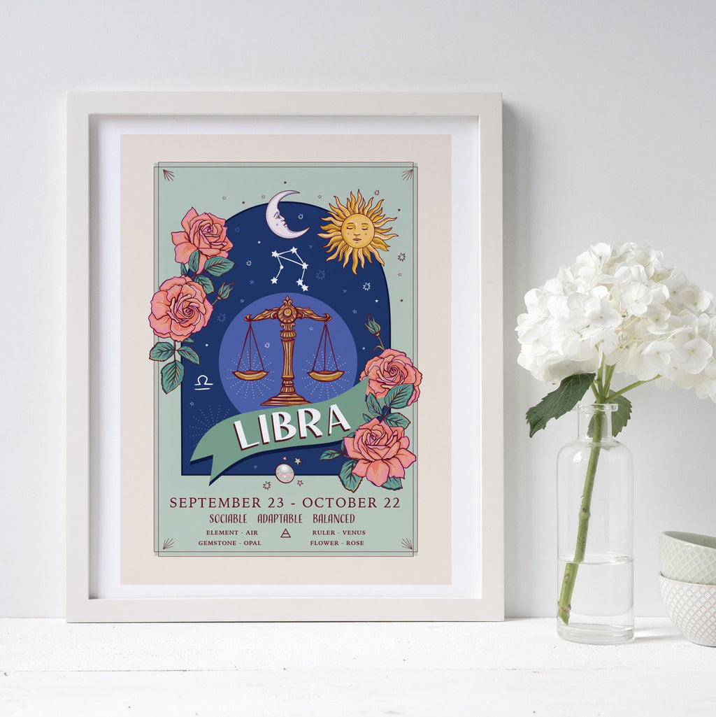 Libra Wall Art Print, Zodiac Sign and Flowers Illustration Print