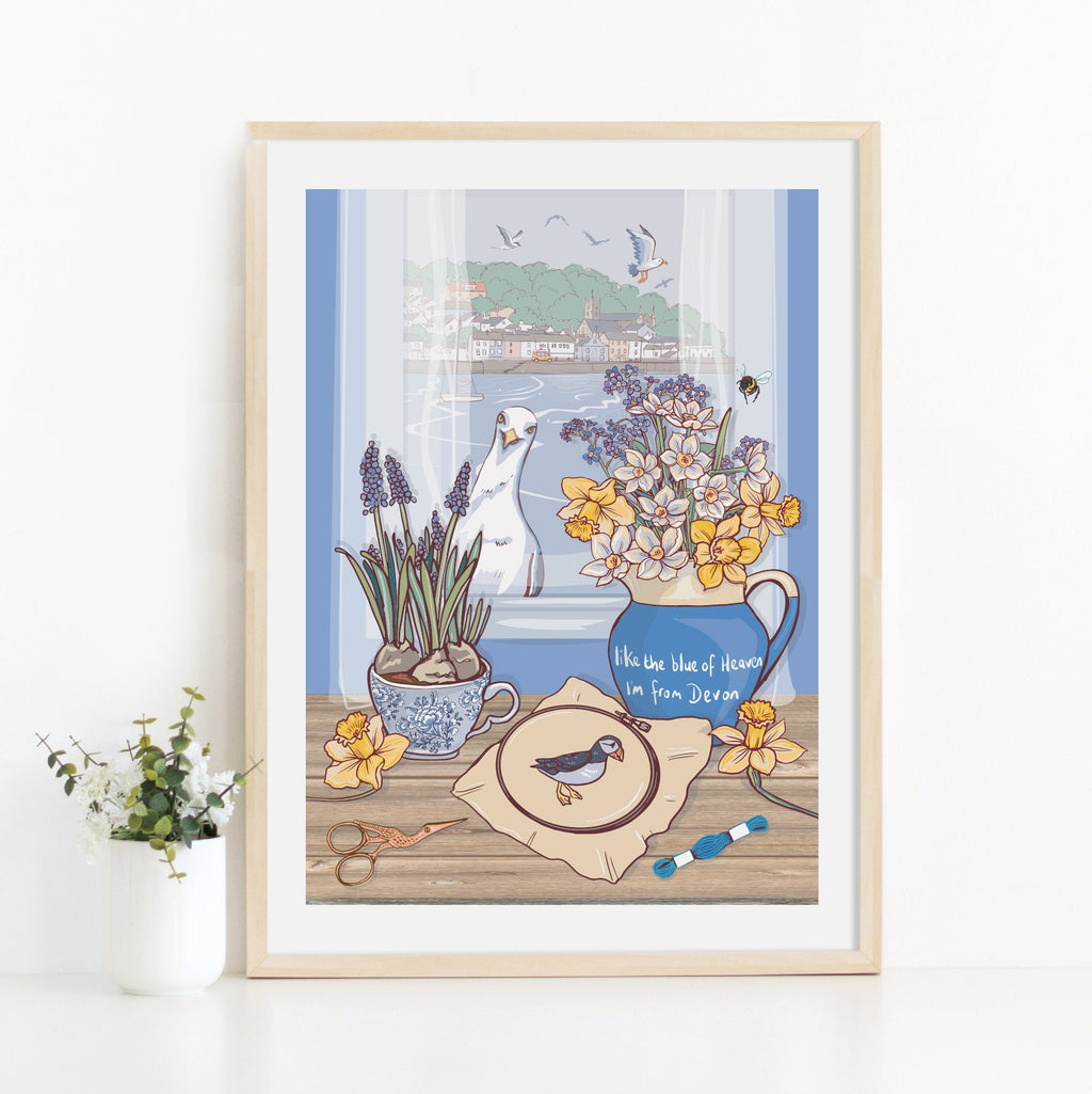 Devon Blue Jug Spring Flowers Wall Art Print, Coastal Seagull Illustration