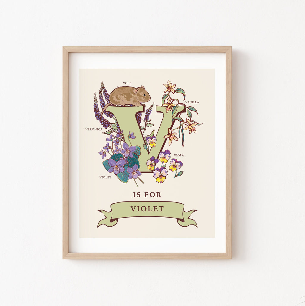 V - Personalised Letter V Print, Initial V Wall Art, Nature Guide Monogram Illustration