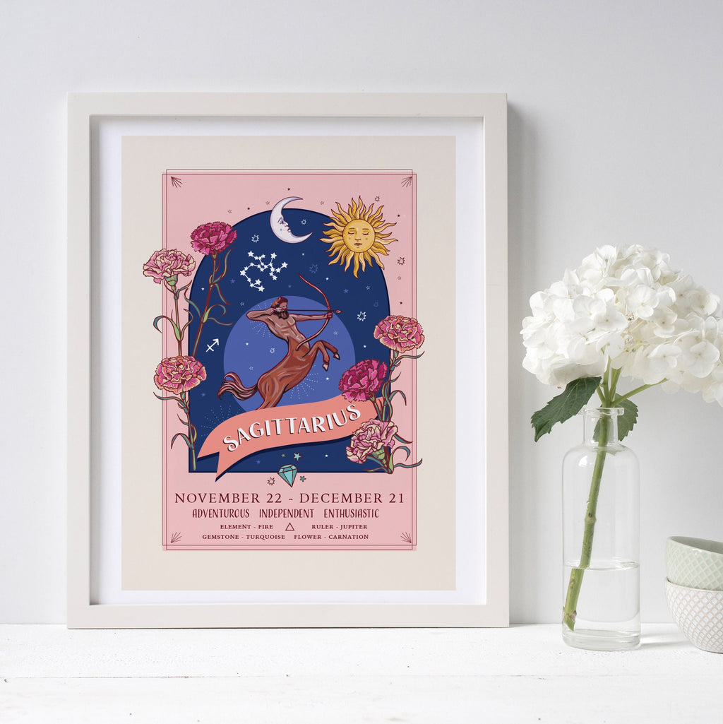 Sagittarius Wall Art Print, Zodiac Sign and Flowers Illustration Print