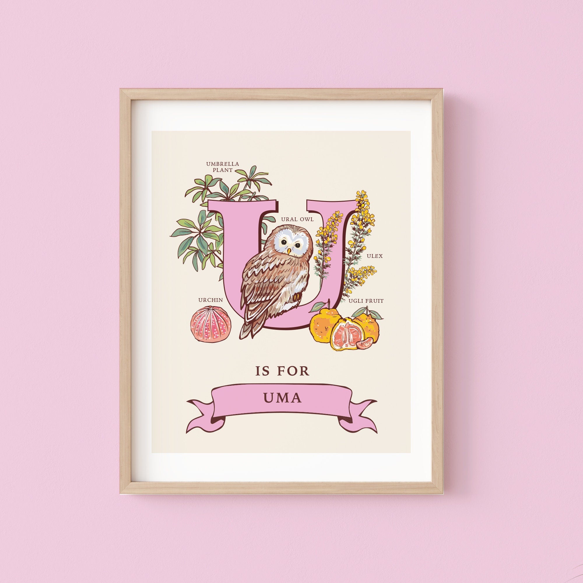 U - Personalised Letter U Print, Initial U Wall Art, Nature Guide Monogram Illustration