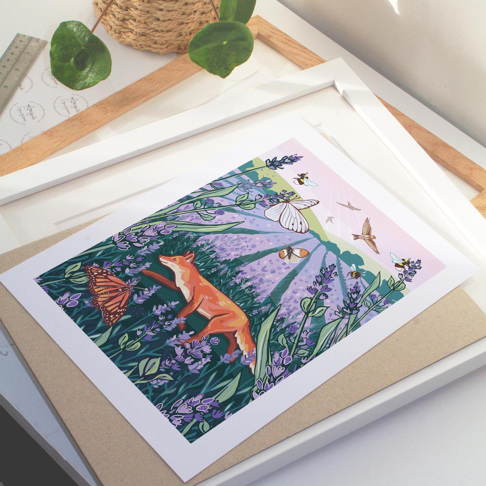 Fox in a Lavender Field Hand-Drawn Wall Art Print