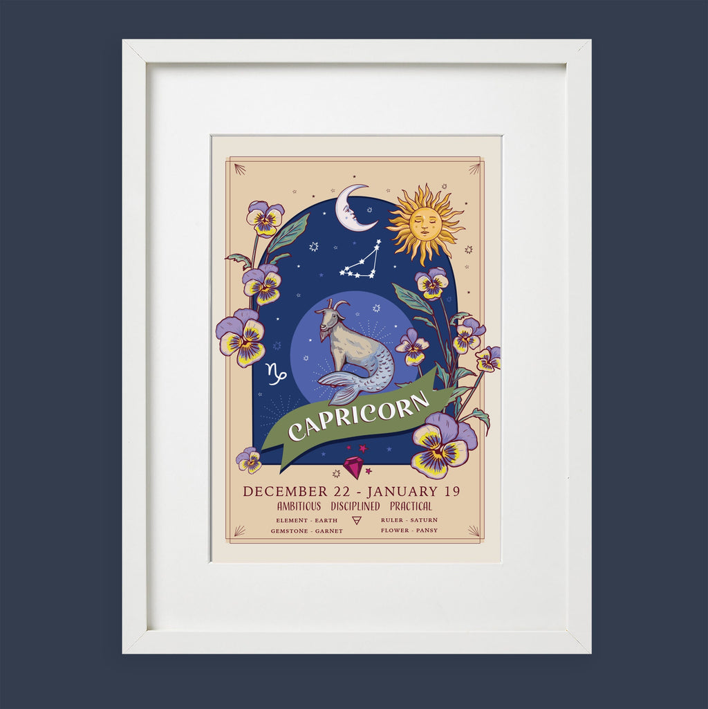 Capricorn Wall Art Print, Zodiac Sign and Flowers Illustration Print