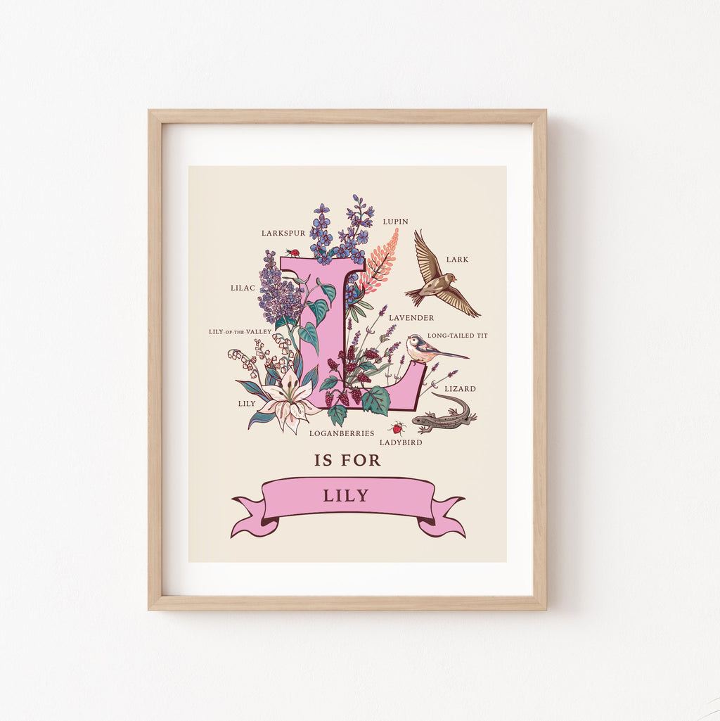 L- Personalised Letter L Print, Initial L Wall Art, Nature Guide Monogram Illustration
