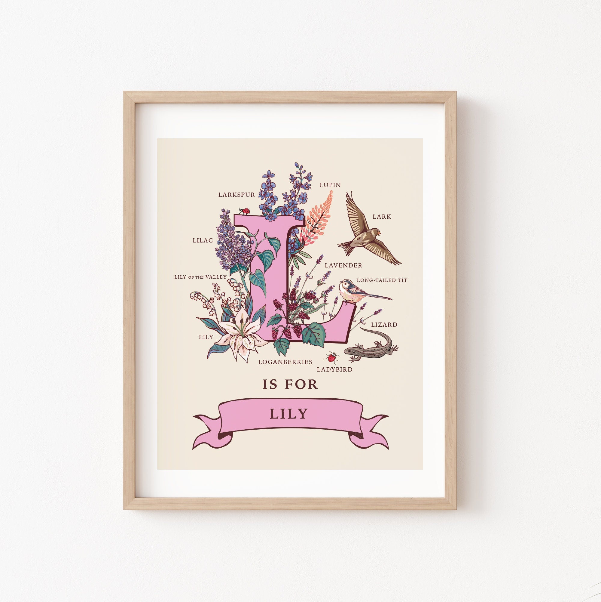 L- Personalised Letter L Print, Initial L Wall Art, Nature Guide Monogram Illustration