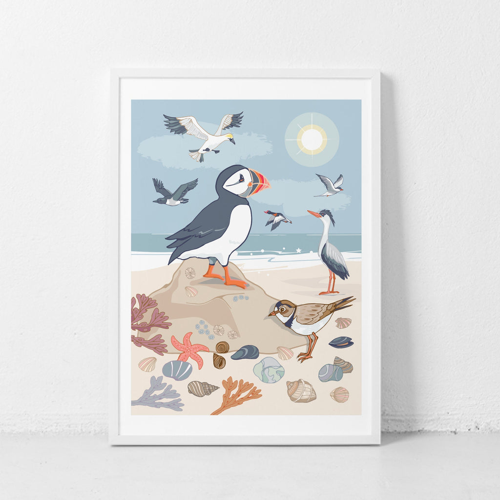 Puffin and Seabirds Wall Art Print, Coastal Birds Illustration Print
