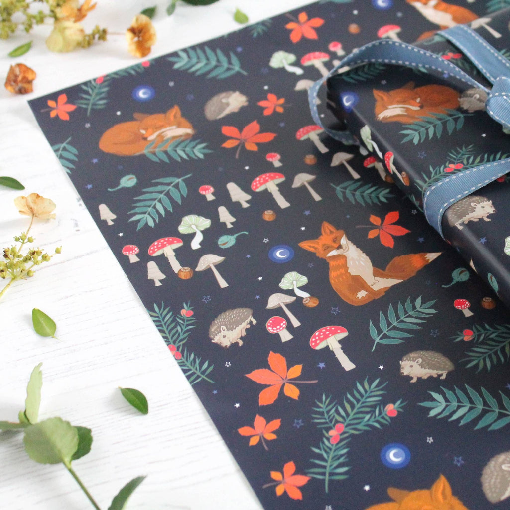 Fox and Hedgehog Gift Wrap: Woodland Animals, Toadstools, Night Sky
