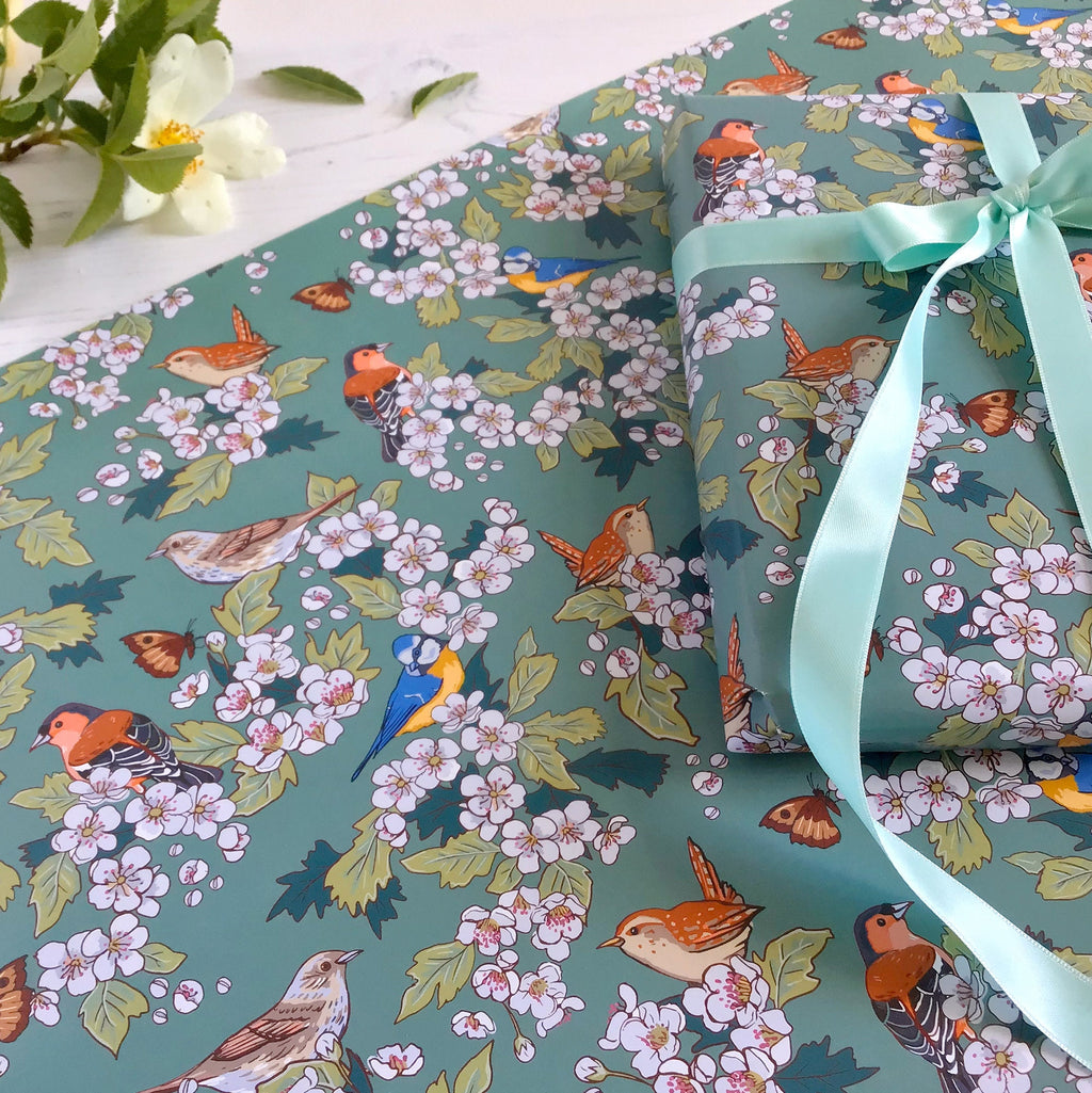 Hawthorn Blossom Gift Wrap, Hedgerow Birds Wrapping Paper