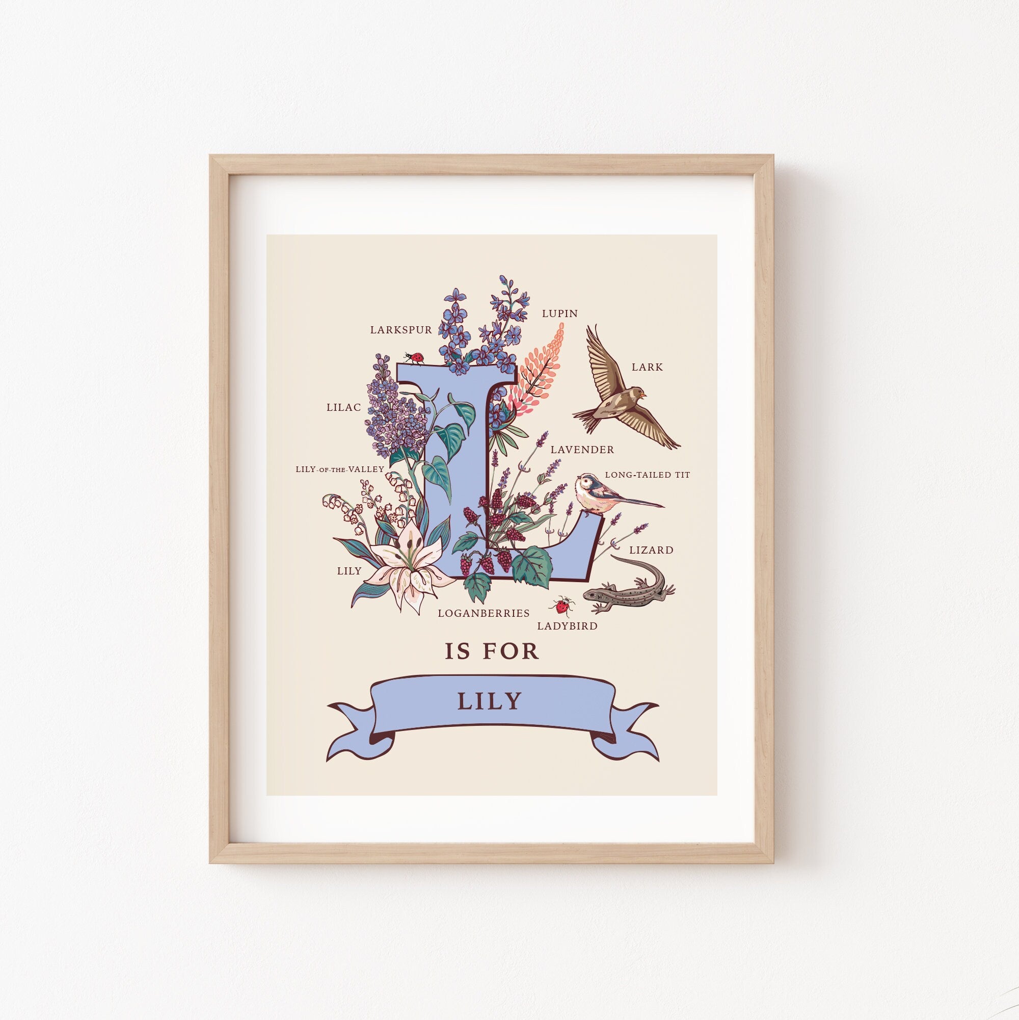 L- Personalised Letter L Print, Initial L Wall Art, Nature Guide Monogram Illustration