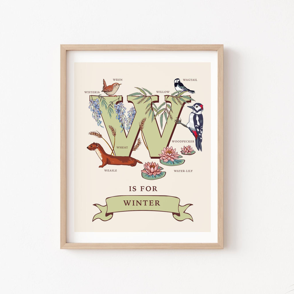 W - Personalised Letter W Print, Initial W Wall Art, Nature Guide Monogram Illustration
