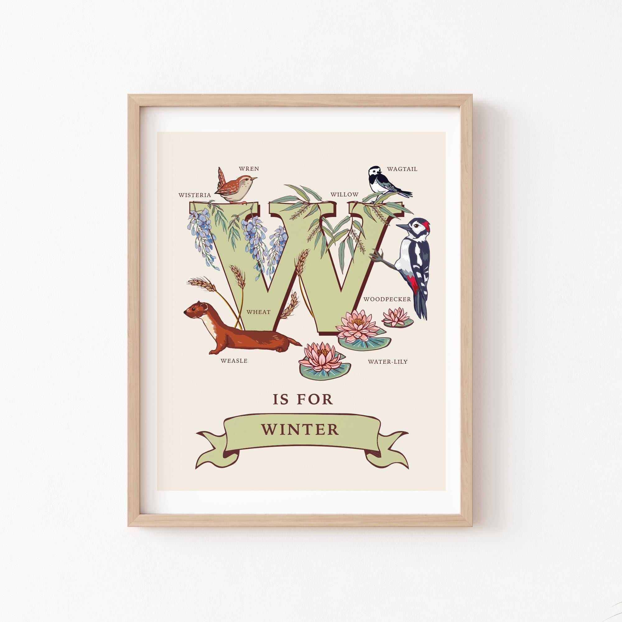 W - Personalised Letter W Print, Initial W Wall Art, Nature Guide Monogram Illustration