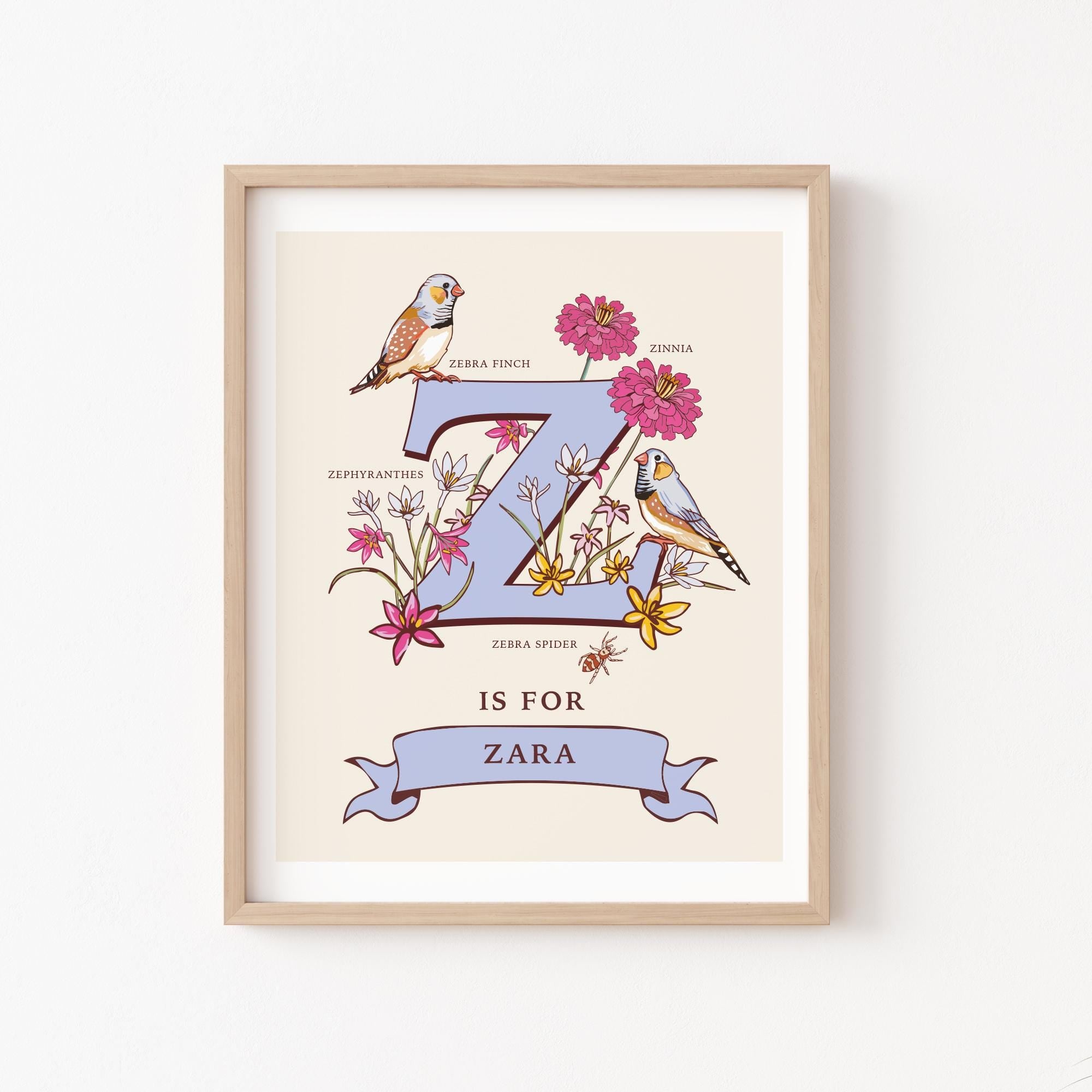 Z - Personalised Letter Z Print, Initial Z Wall Art, Nature Guide Monogram Illustration