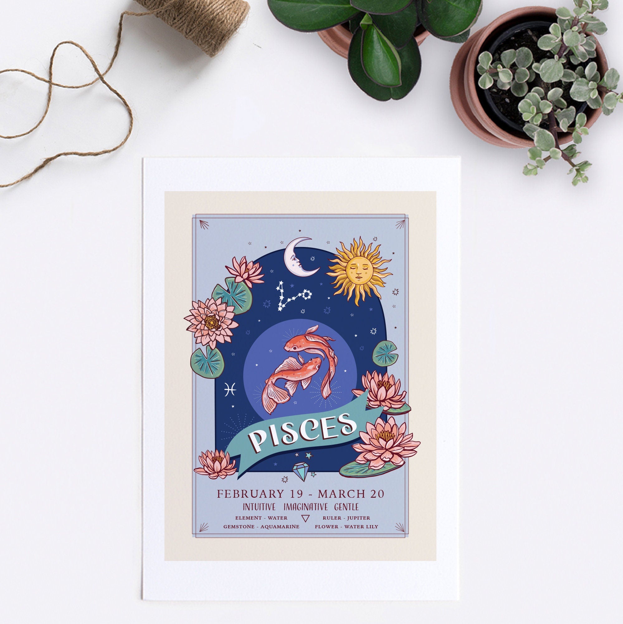 Pisces Wall Art Print, Zodiac Sign and Flowers Illustration Print