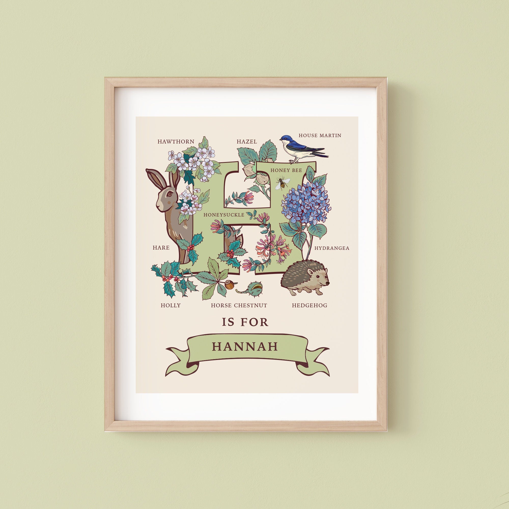 H - Personalised Letter H Print, Initial H Wall Art, Nature Guide Monogram Illustration