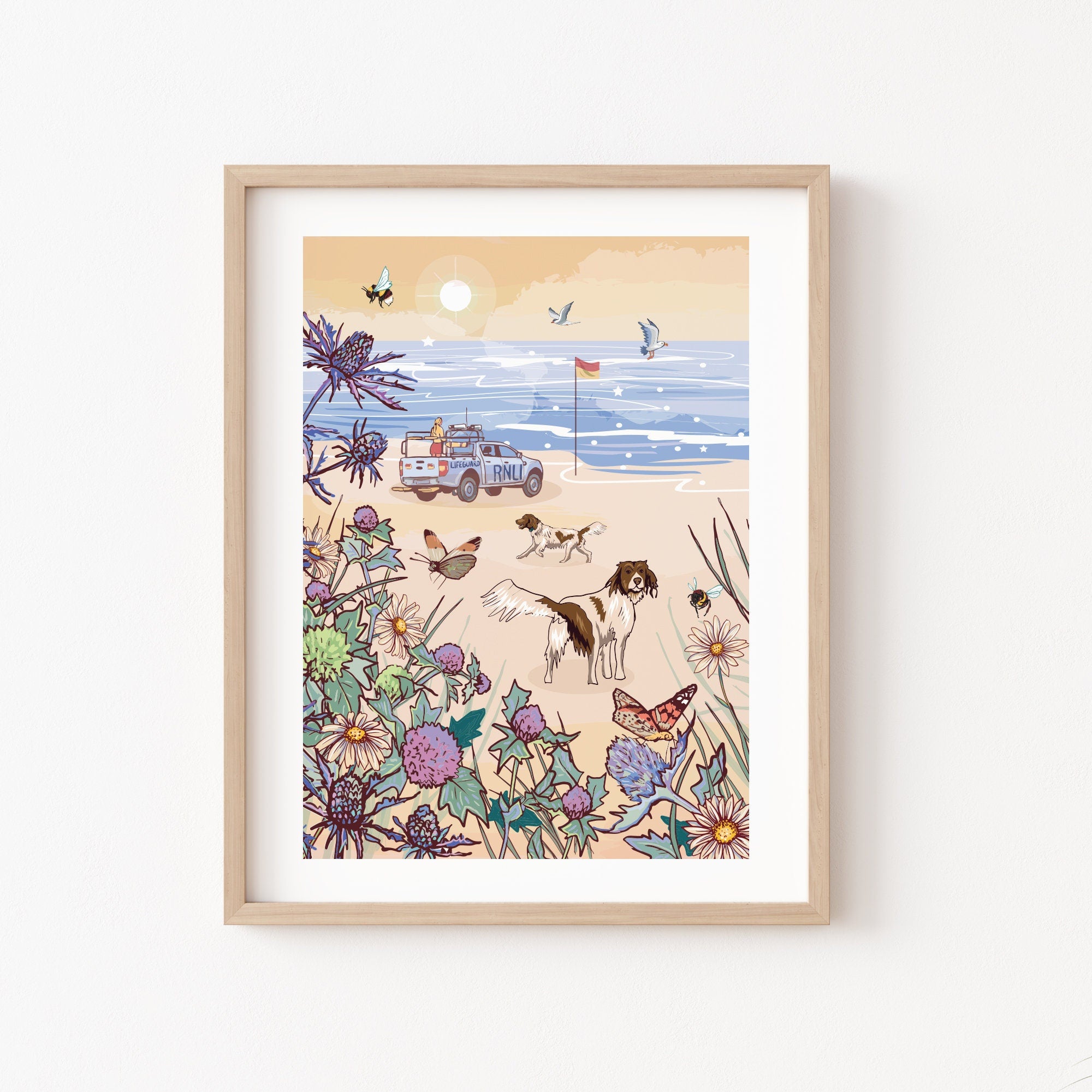 Dogs on the Beach Wall Art Print, View From Sand Dunes Illustration Print