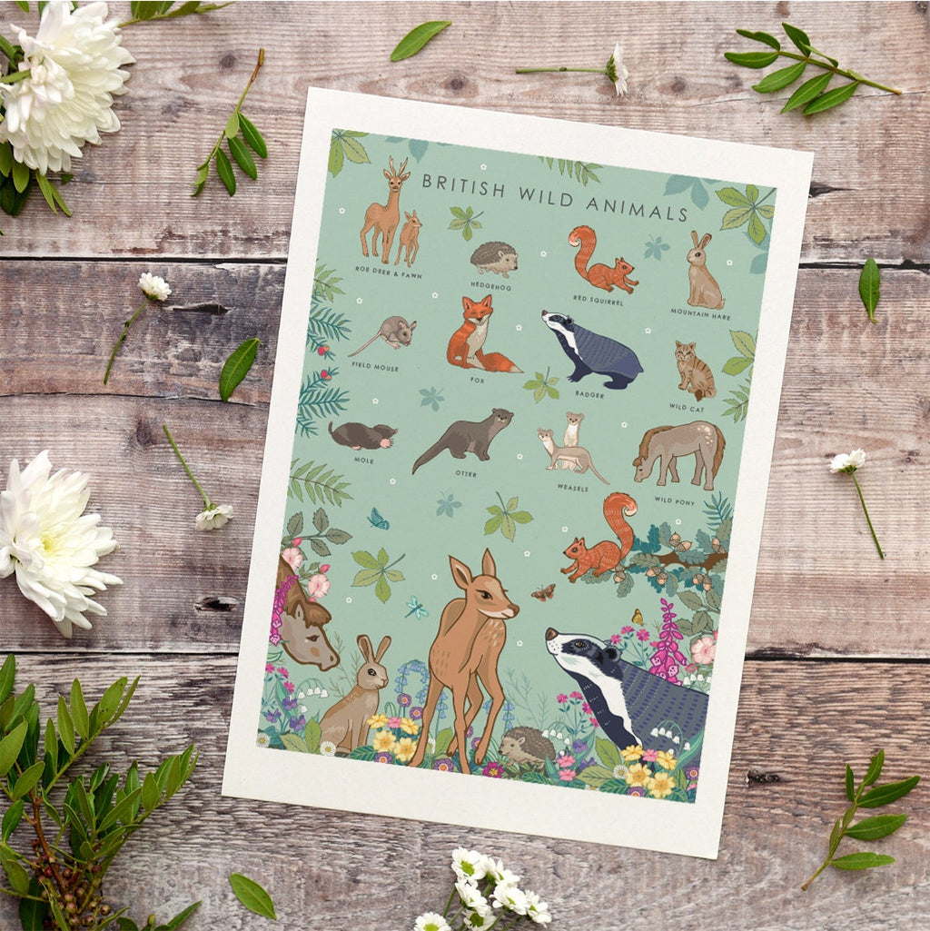 British Wild Animals Nature Guide Wall Art Print