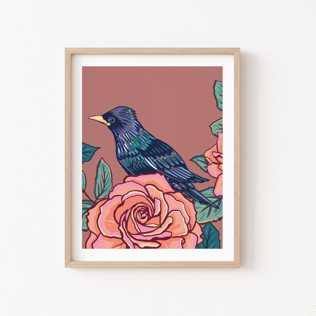 Starling and Peach Roses Wall Art Print