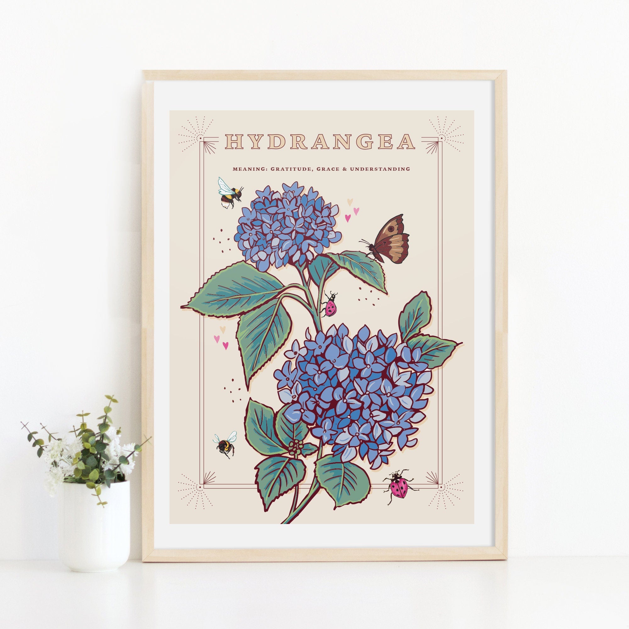 Hydrangea Wall Art Print, Grace & Gratitude Flower Illustration Print