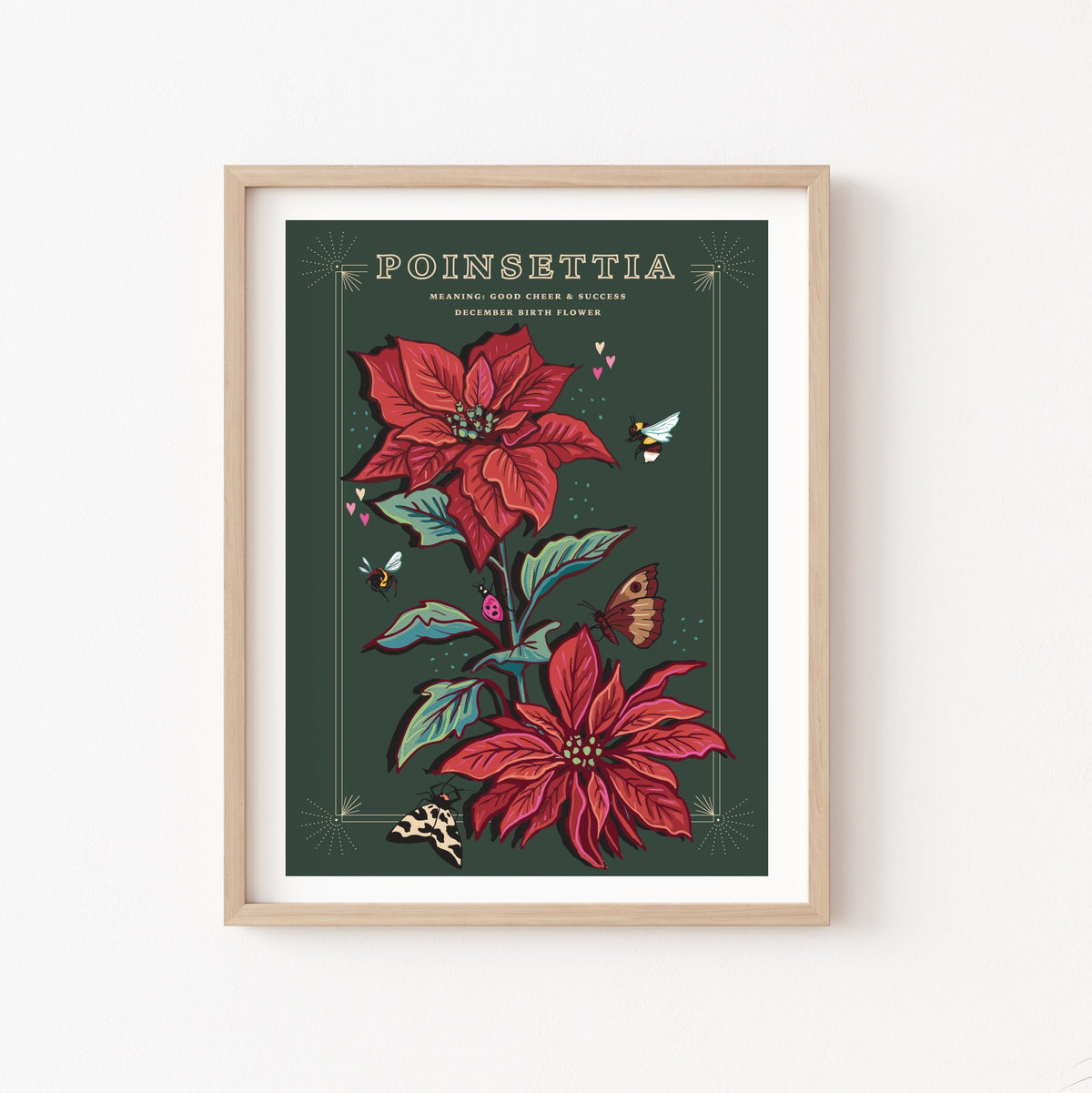 Poinsettia Wall Art Print, December Flower Illustration Print