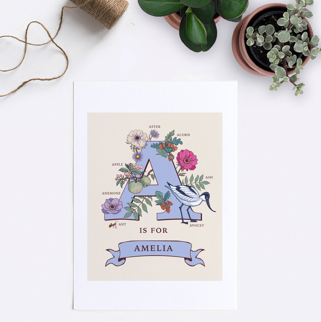 Personalised Monogram Initial Letter A, Nature Guide Wall Art Print