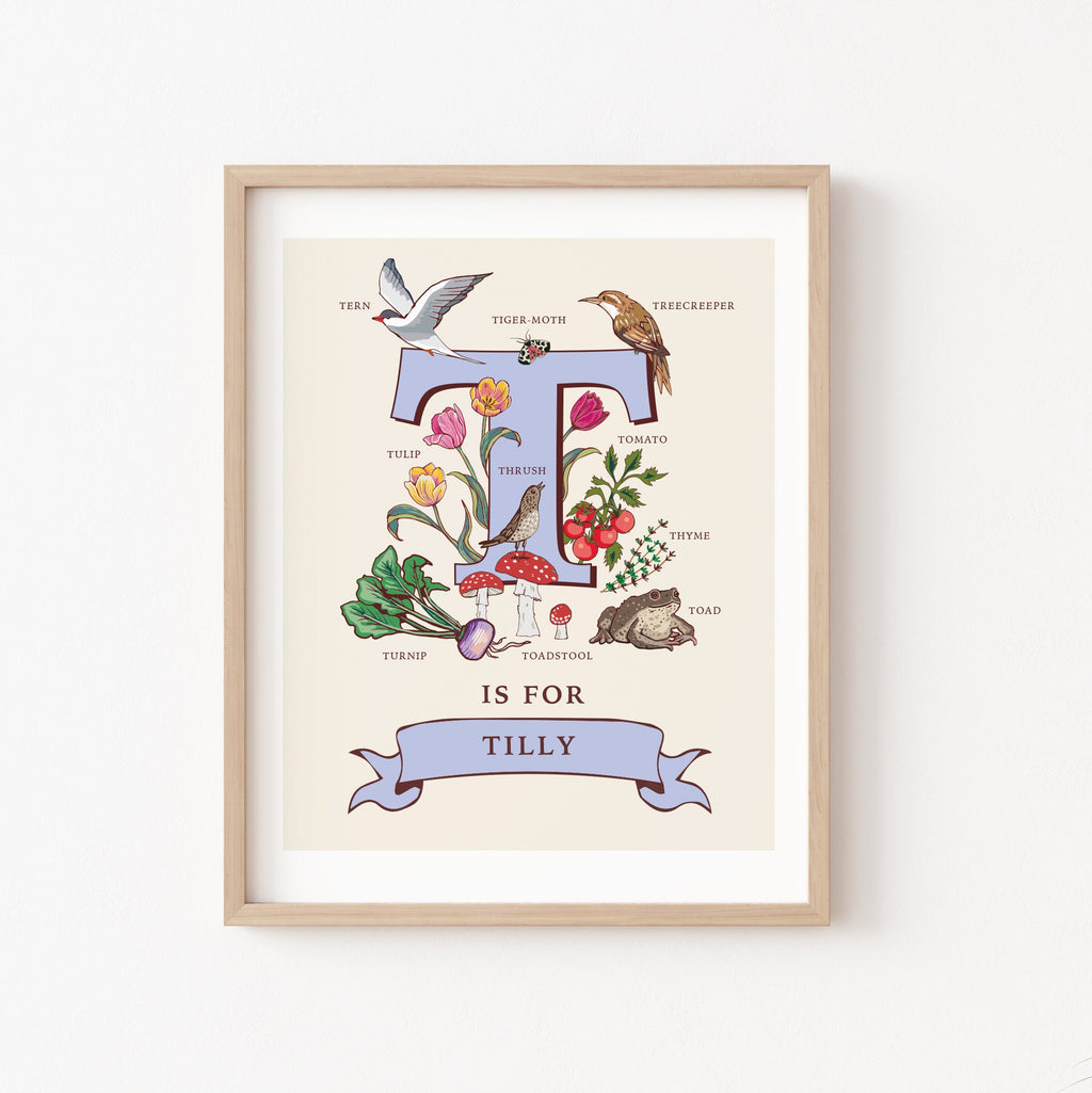 T - Personalised Letter T Print, Initial T Wall Art, Nature Guide Monogram Illustration