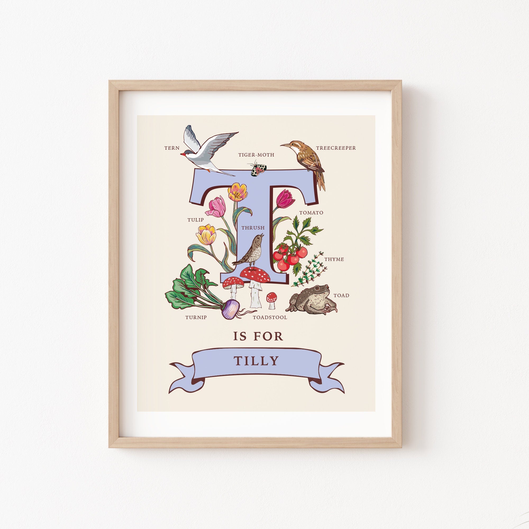 T - Personalised Letter T Print, Initial T Wall Art, Nature Guide Monogram Illustration
