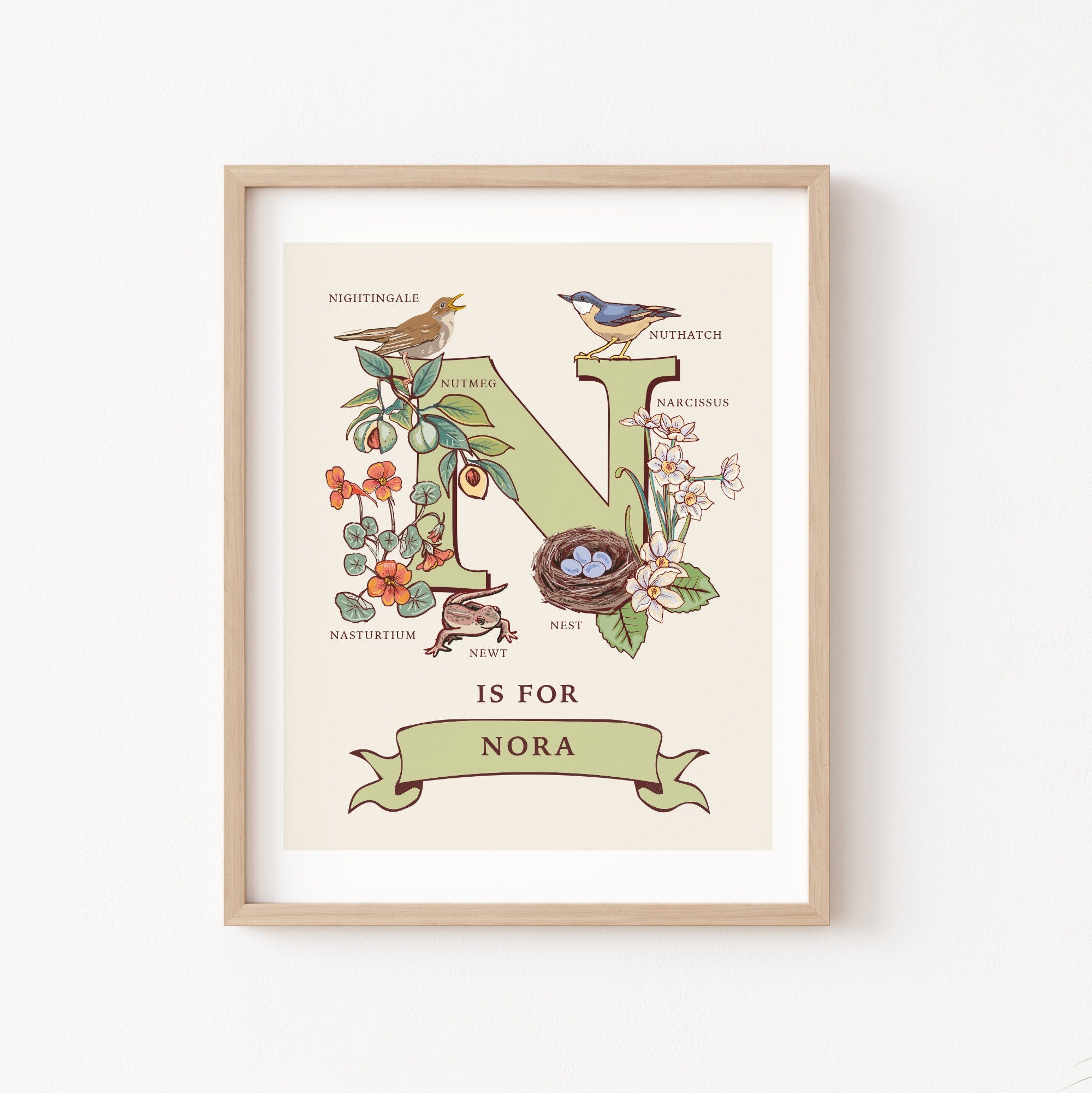 N - Personalised Letter N Print, Initial N Wall Art, Nature Guide Monogram Illustration