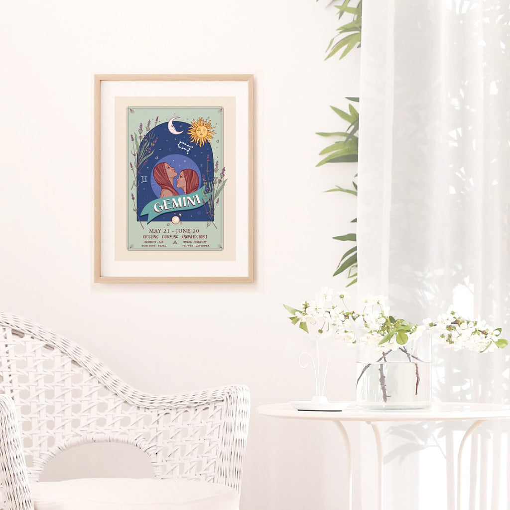 Gemini Wall Art Print, Zodiac Sign and Flowers Illustration Print
