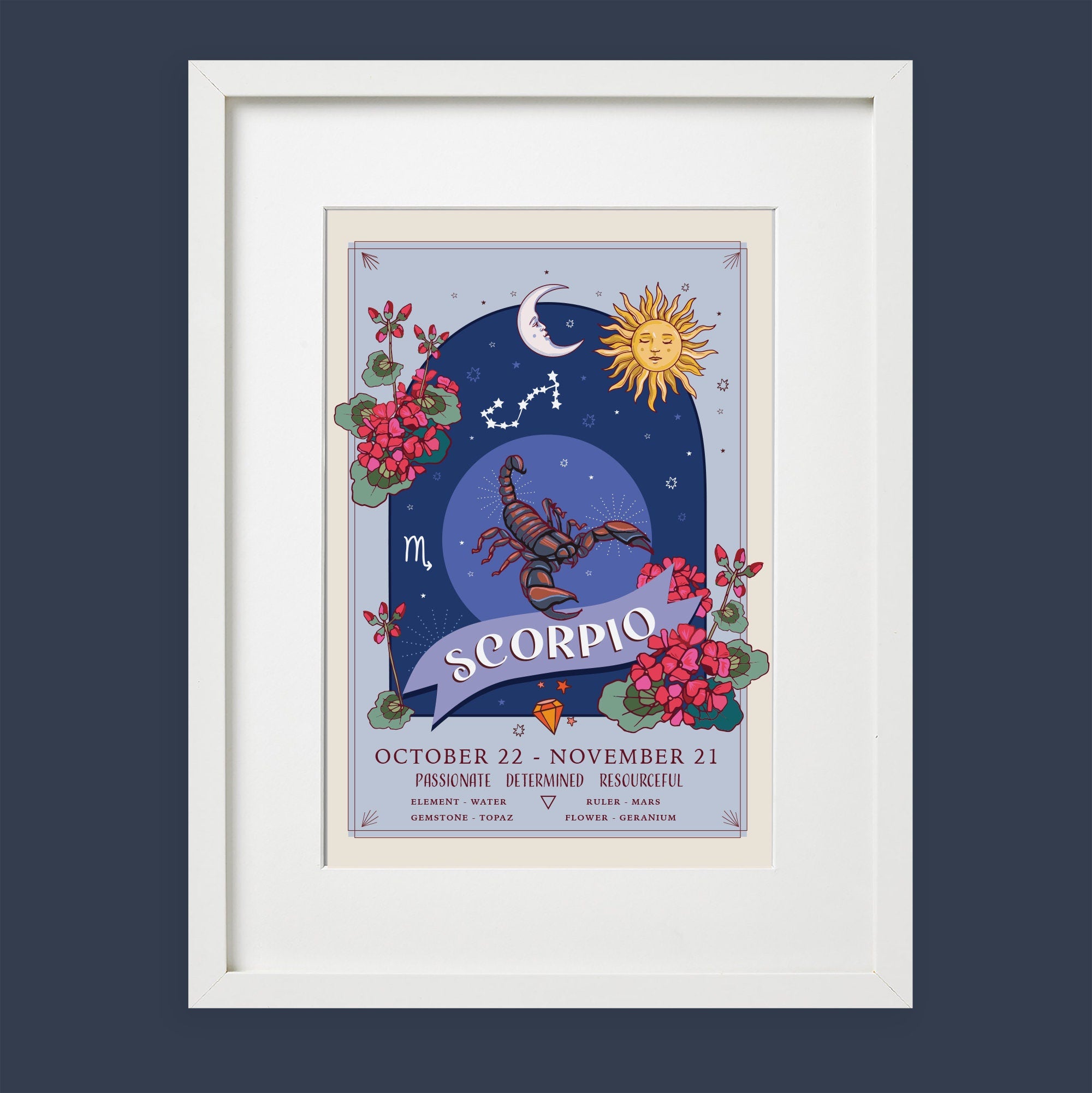 Scorpio Wall Art Print, Zodiac Sign and Flowers Illustration Print