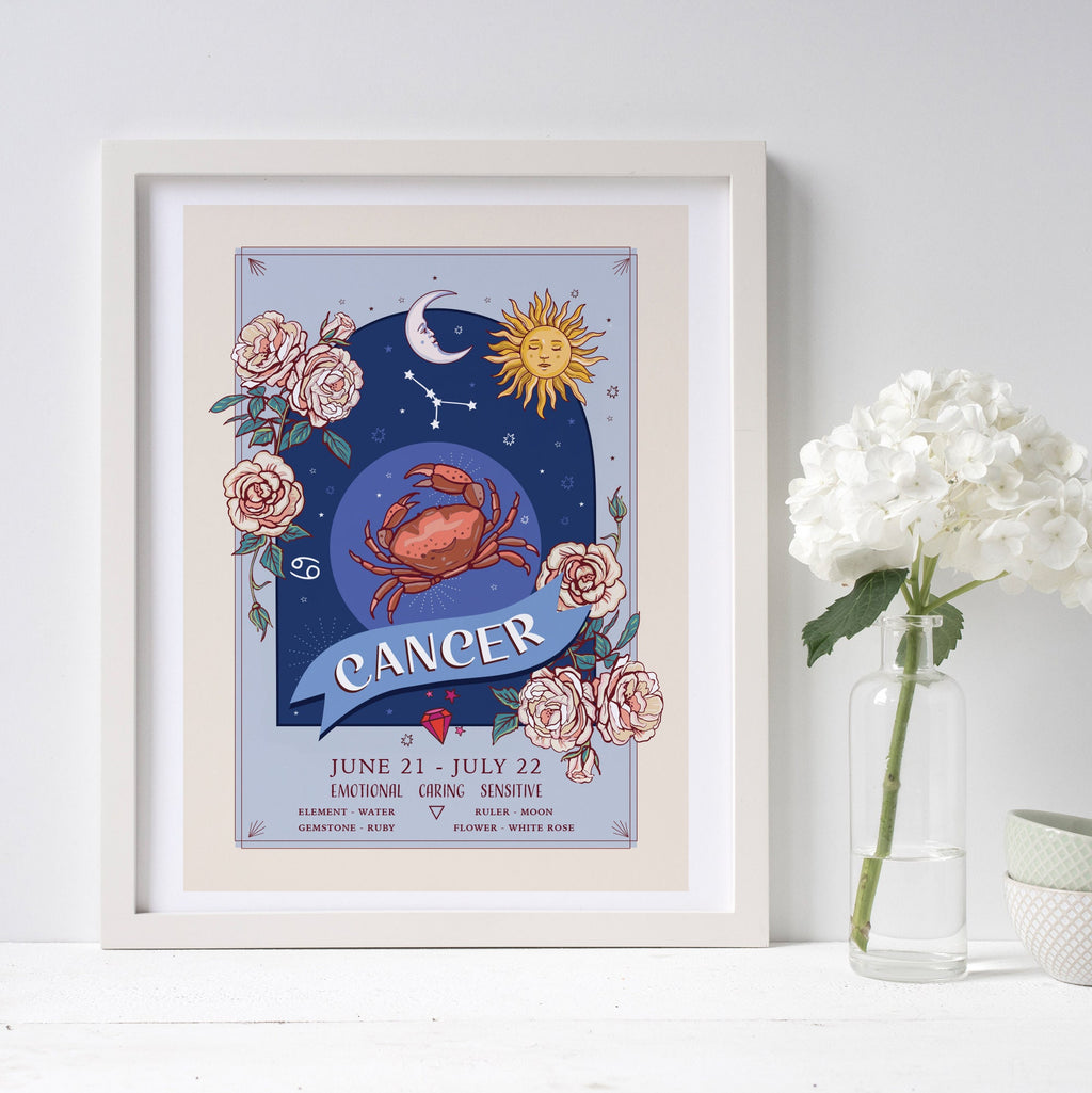 Cancer Wall Art Print, Zodiac Sign and Flowers Illustration Print