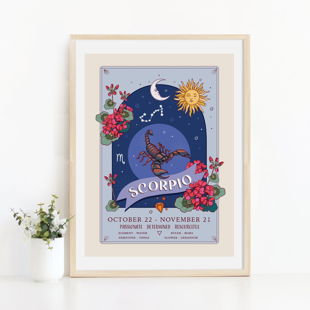 Scorpio Wall Art Print, Zodiac Sign and Flowers Illustration Print