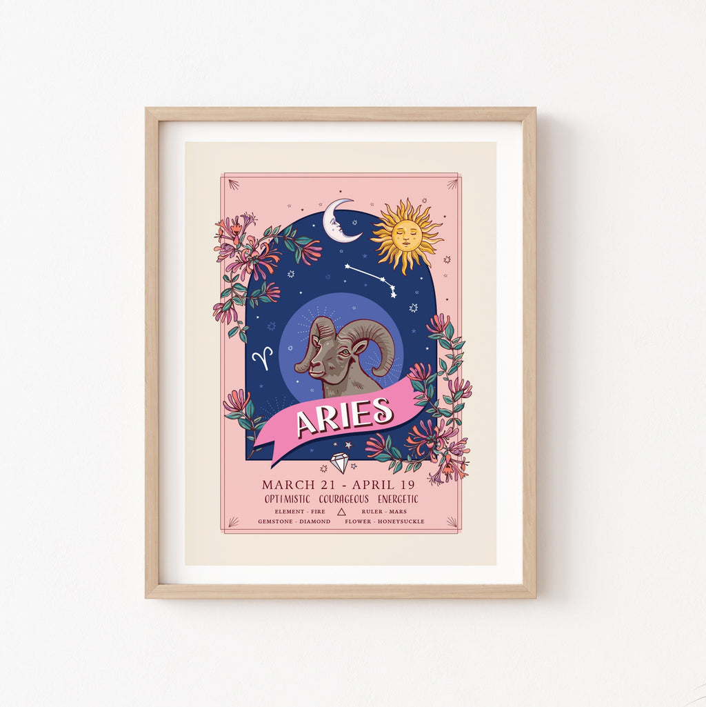 Aries Wall Art Print, Zodiac Sign and Flowers Illustration Print