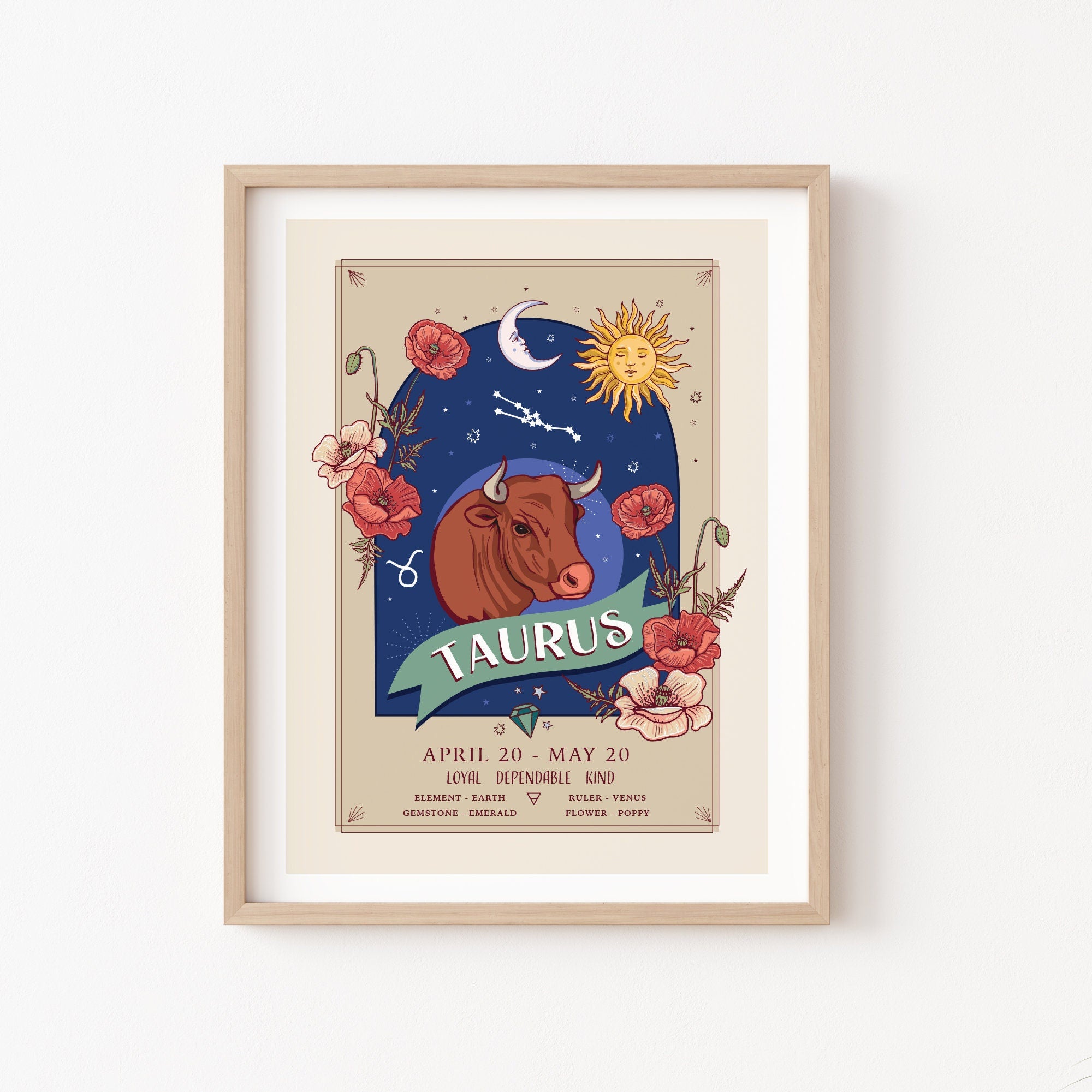 Taurus Wall Art Print, Zodiac Sign and Flowers Illustration Print