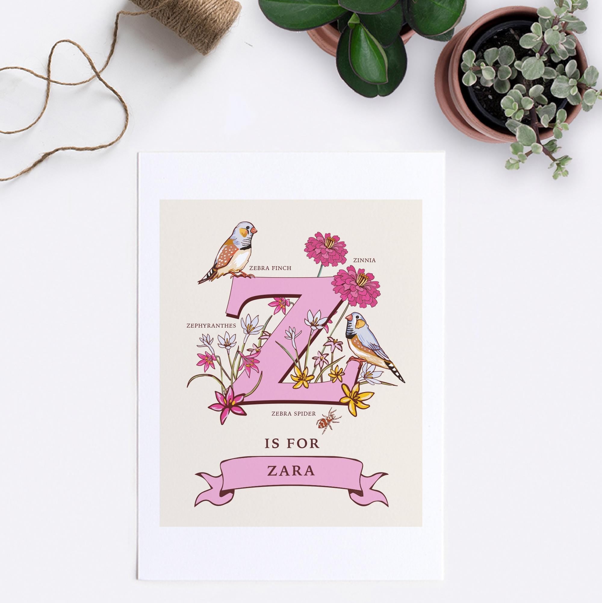 Z - Personalised Letter Z Print, Initial Z Wall Art, Nature Guide Monogram Illustration