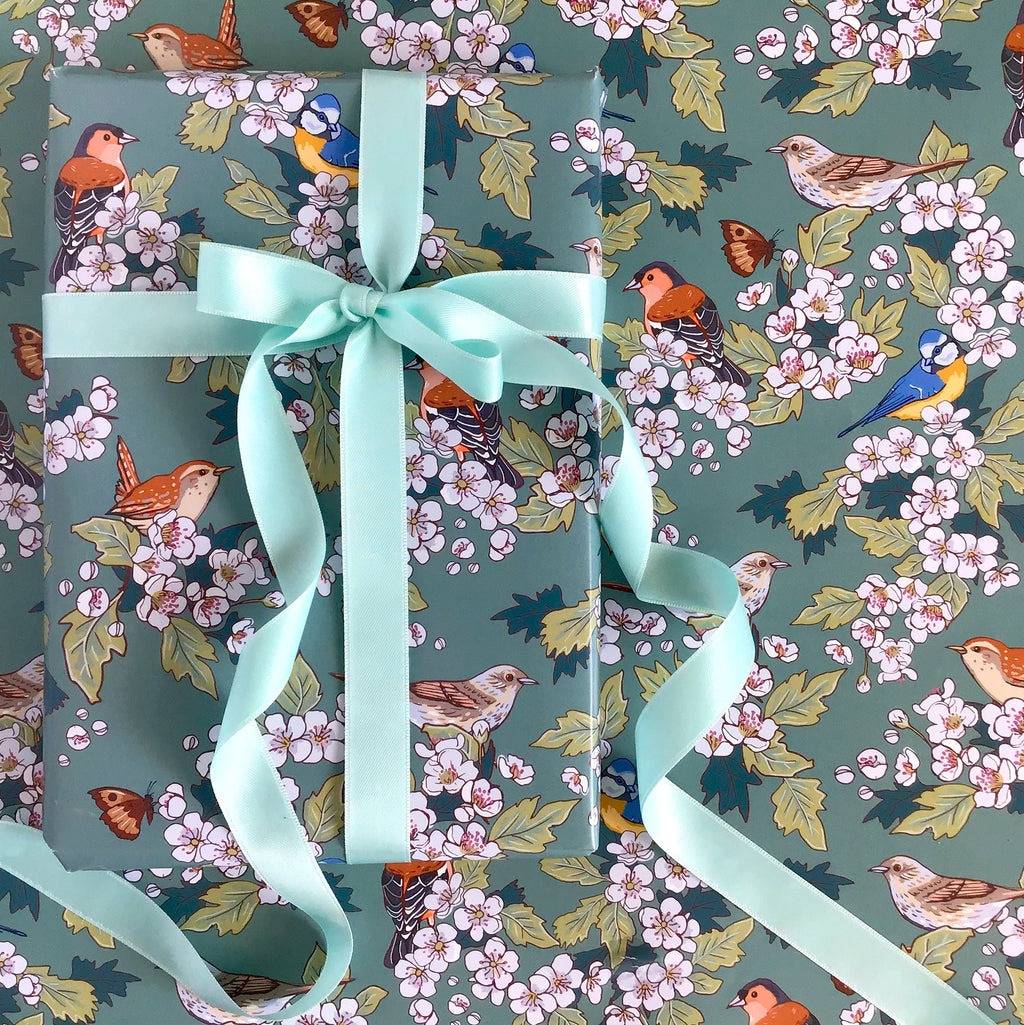 Hawthorn Blossom Gift Wrap, Hedgerow Birds Wrapping Paper