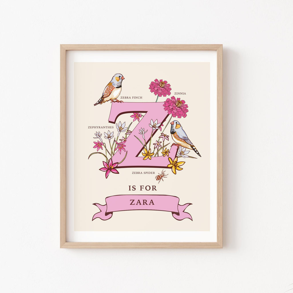 Z - Personalised Letter Z Print, Initial Z Wall Art, Nature Guide Monogram Illustration