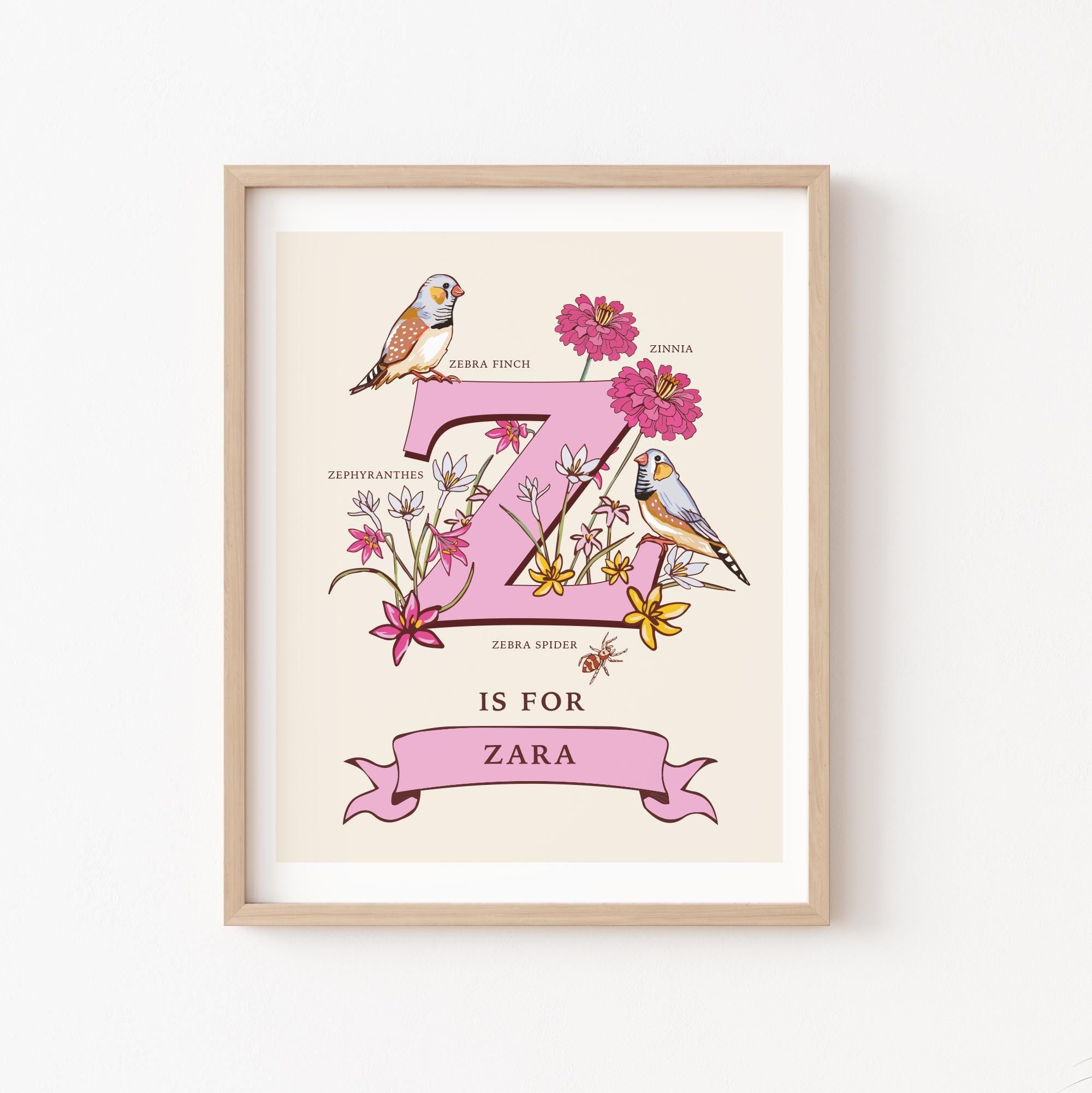 Z - Personalised Letter Z Print, Initial Z Wall Art, Nature Guide Monogram Illustration
