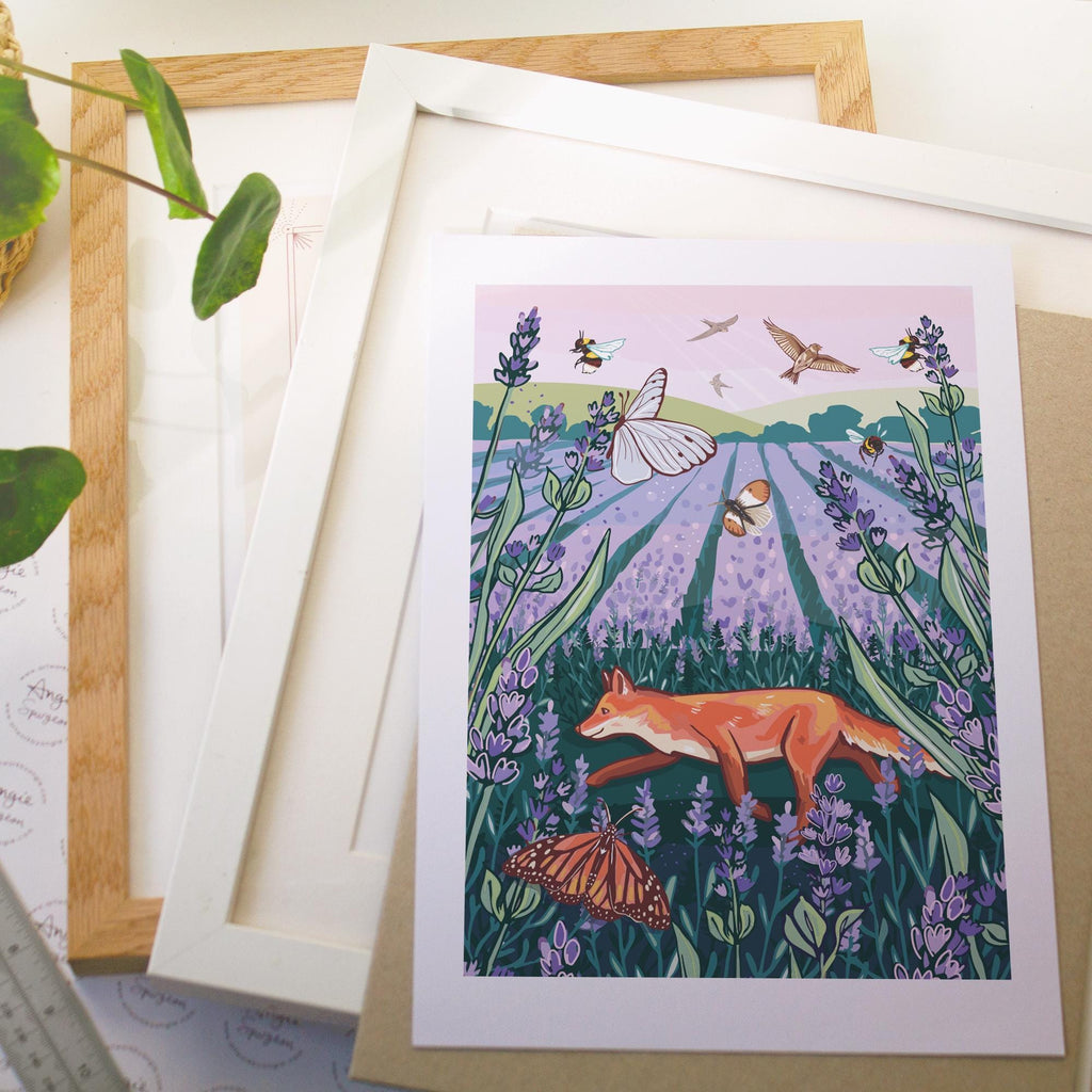 Fox in a Lavender Field Hand-Drawn Wall Art Print