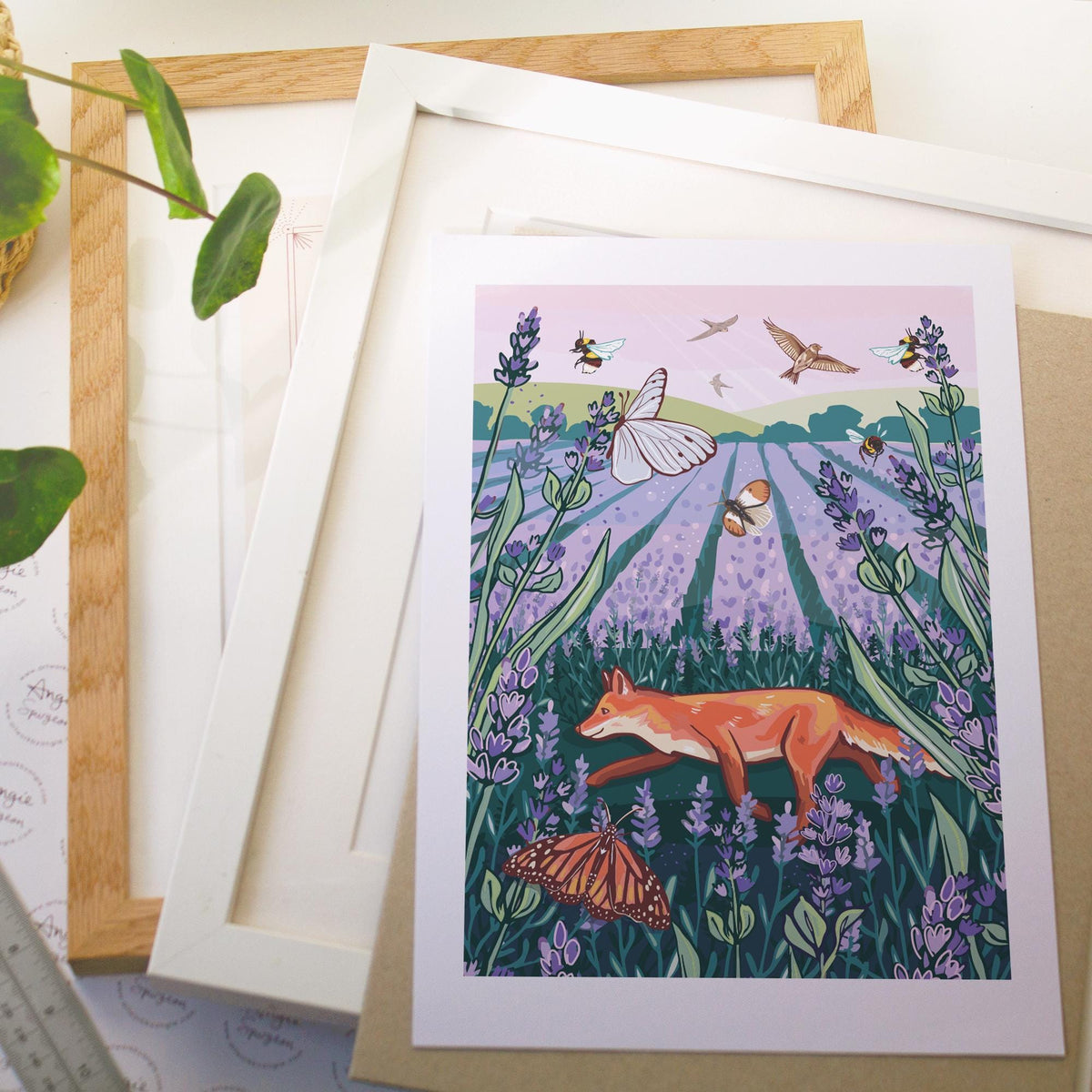 Fox in a Lavender Field Hand-Drawn Wall Art Print