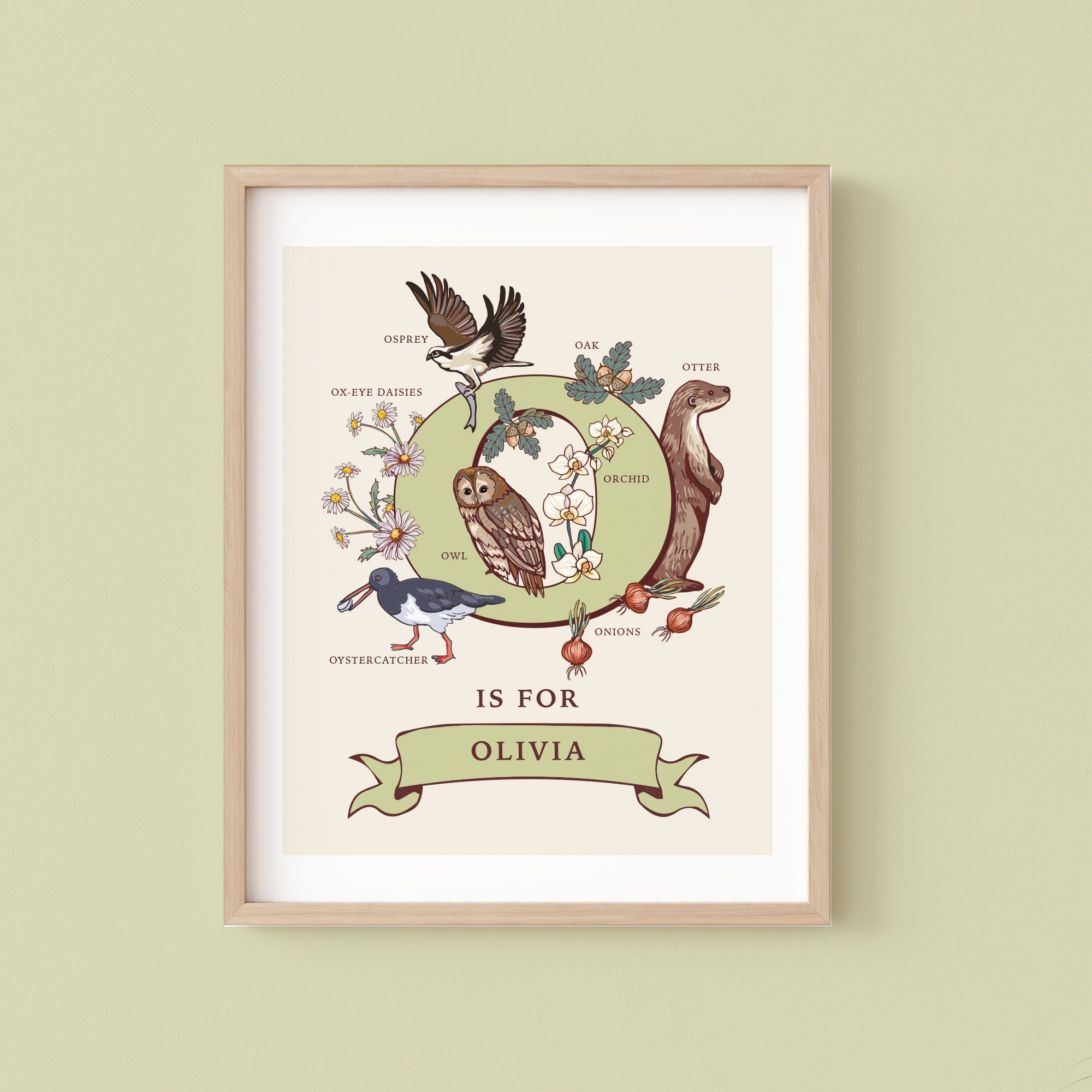O - Personalised Letter O Print, Initial O Wall Art, Nature Guide Monogram Illustration