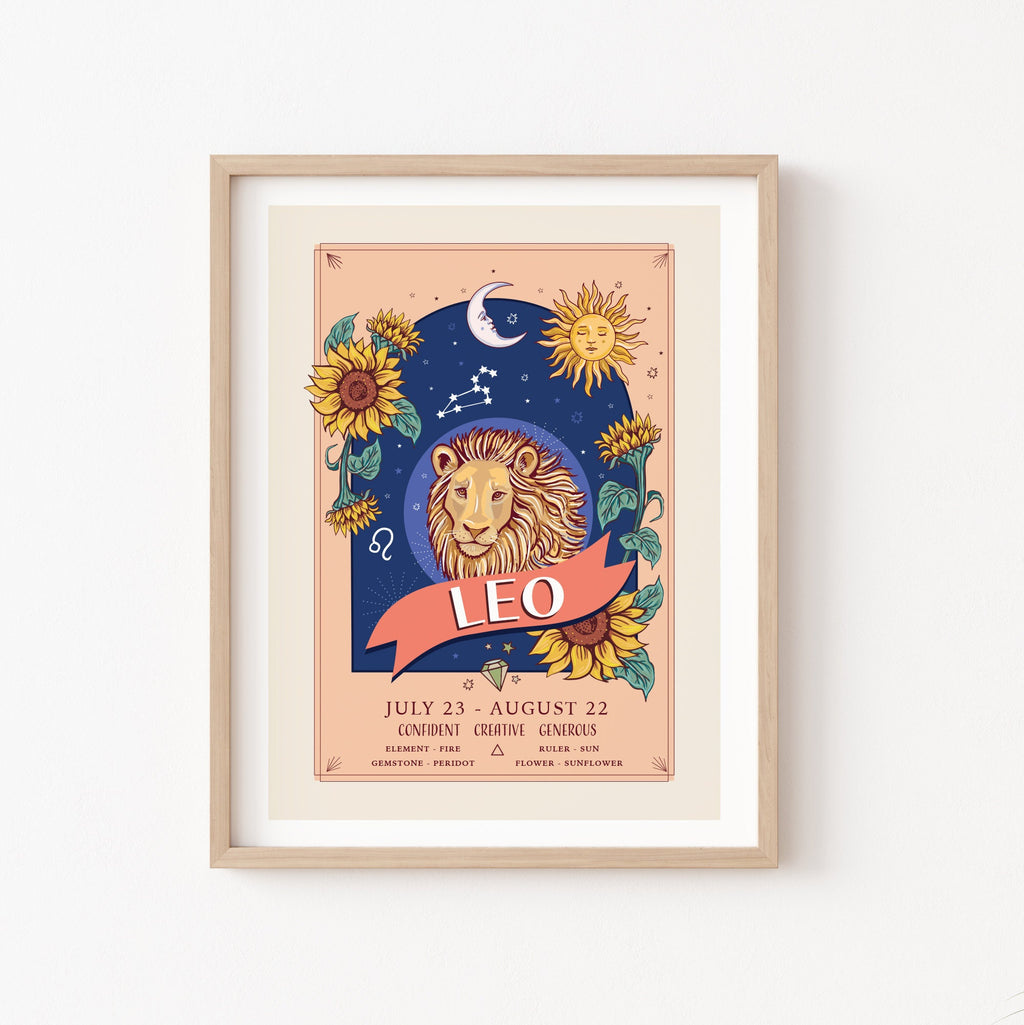 Leo Wall Art Print, Zodiac Sign and Flowers Illustration Print
