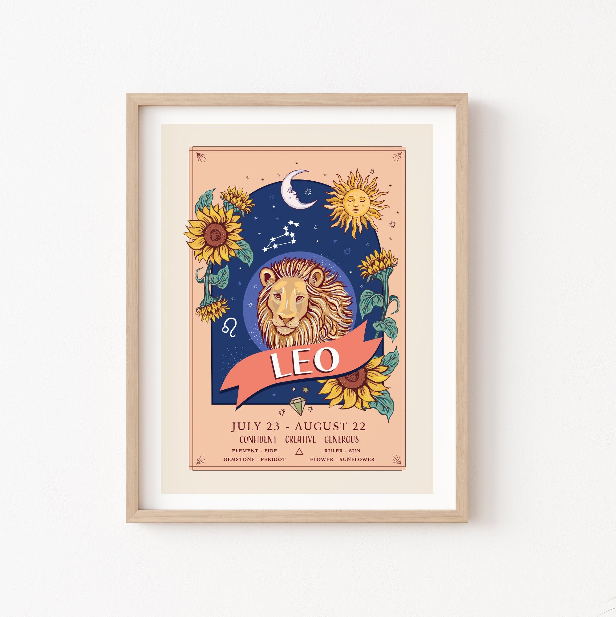 Leo Wall Art Print, Zodiac Sign and Flowers Illustration Print