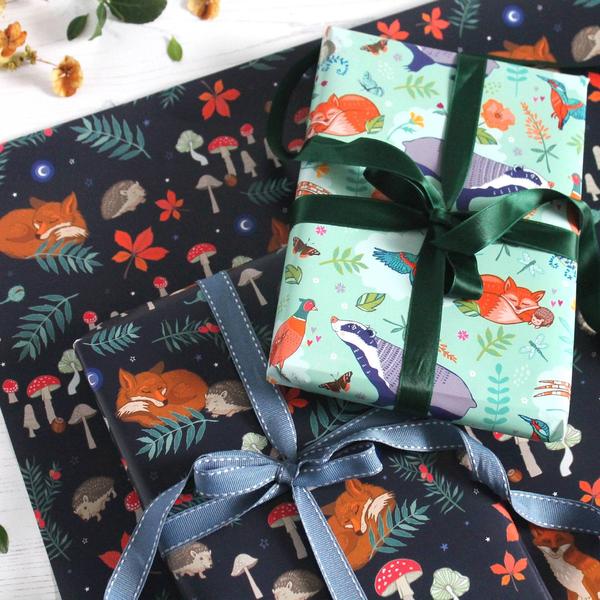 Fox and Hedgehog Gift Wrap: Woodland Animals, Toadstools, Night Sky