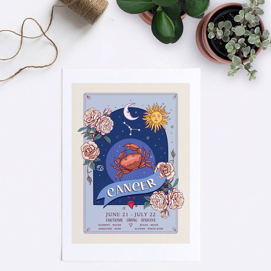 Cancer Wall Art Print, Zodiac Sign and Flowers Illustration Print