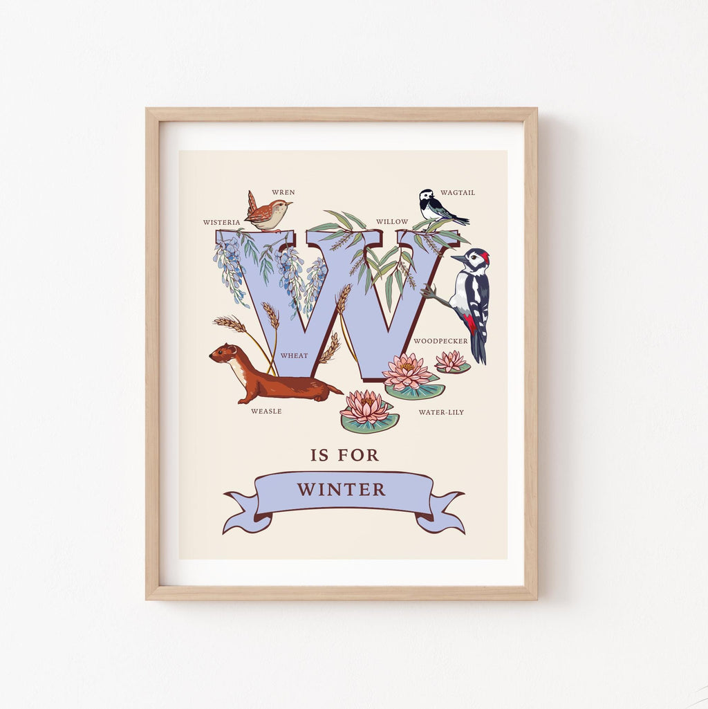 W - Personalised Letter W Print, Initial W Wall Art, Nature Guide Monogram Illustration