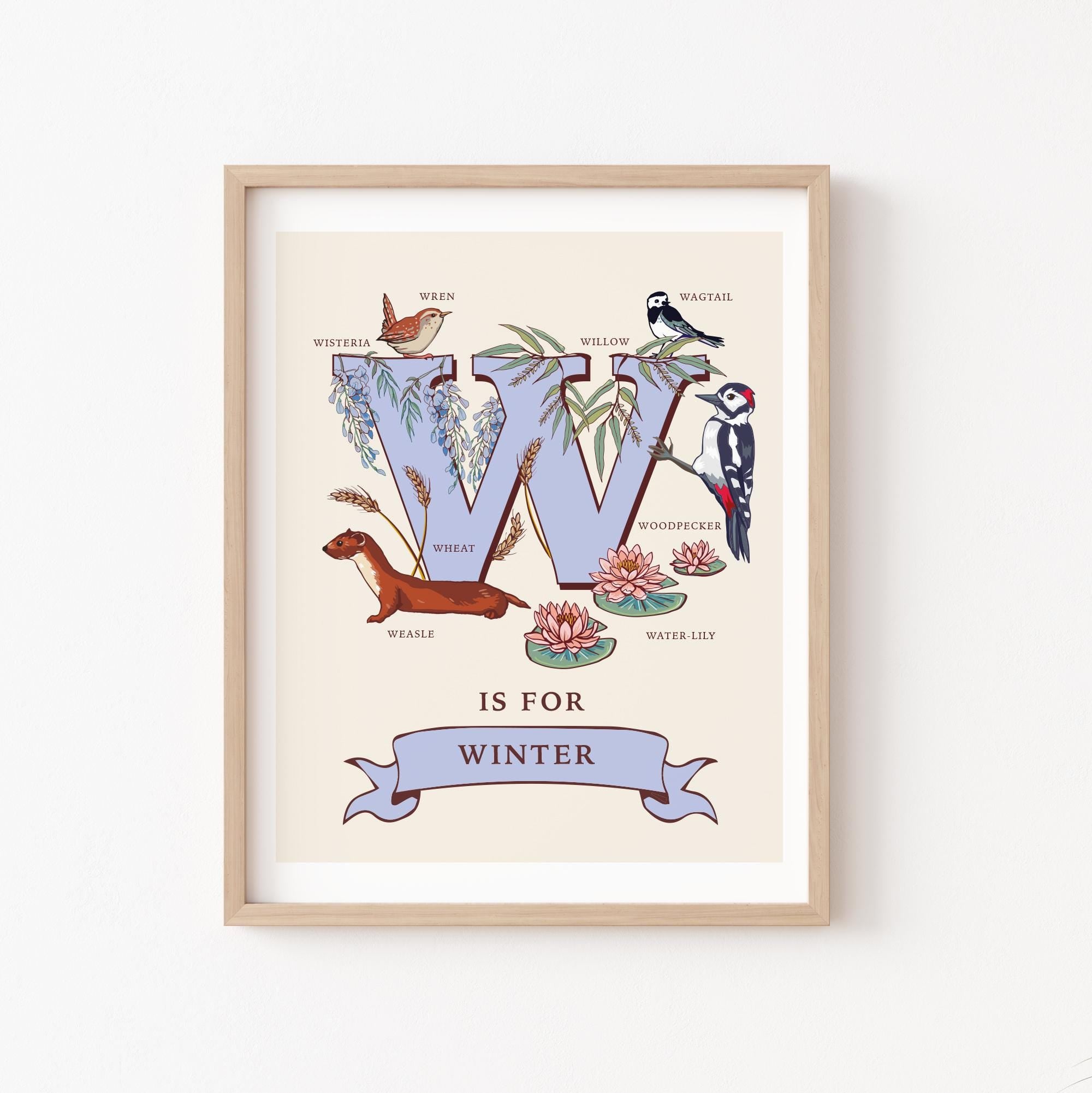 W - Personalised Letter W Print, Initial W Wall Art, Nature Guide Monogram Illustration