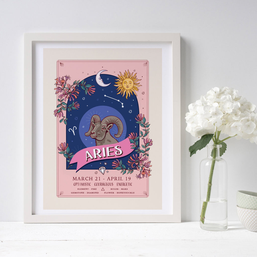 Aries Wall Art Print, Zodiac Sign and Flowers Illustration Print