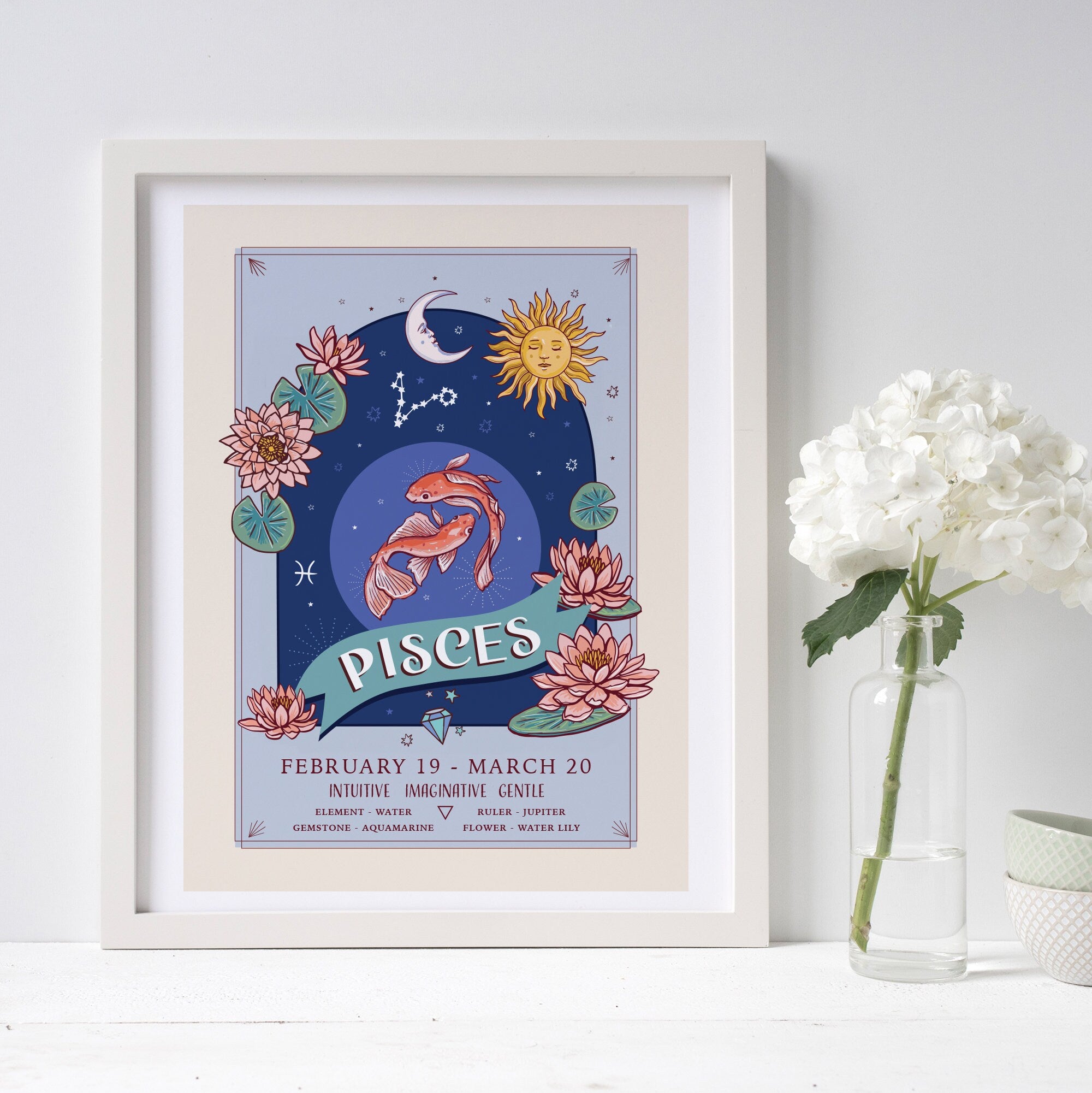 Pisces Wall Art Print, Zodiac Sign and Flowers Illustration Print